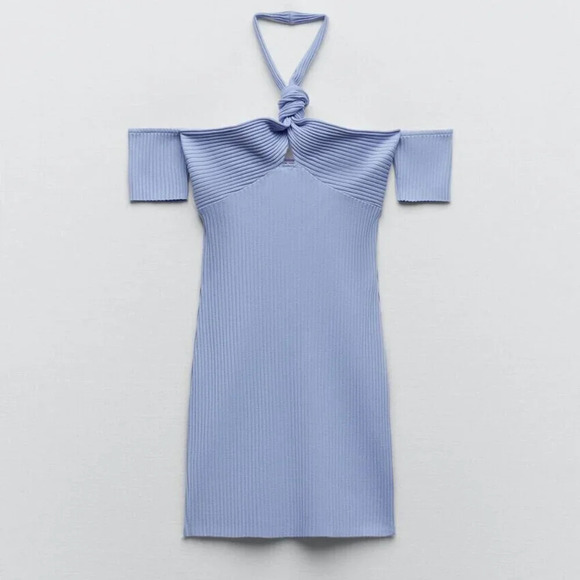 Zara Ribbed Knit Knot Halter Neck Mini Dress Sky Blue NWOT Size Medium - Picture 2 of 7